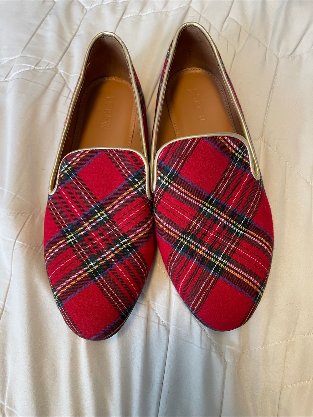 J. Crew Red Plaid Slip-On Loafers with Gold Trim